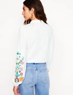 T-Shirts & Tanks | Tops & Blouses-Boden Embroidered Frill Neck Blouse-White, Multi Floral Embroidery White,MultiFloralEmbroidery