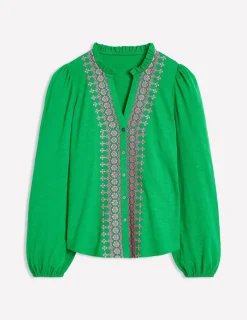 T-Shirts & Tanks | Tops & Blouses-Boden Embroidered Frill Neck Blouse-Rich Emerald RichEmerald