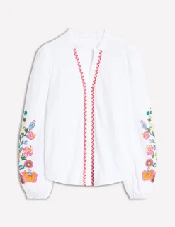 T-Shirts & Tanks | Tops & Blouses-Boden Embroidered Frill Neck Blouse-White, Multi Floral Embroidery White,MultiFloralEmbroidery