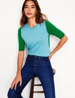 Nightwear & Lougewear | Sweaters & Cardigans-Boden Emilia Cotton Crew T-shirt-Duck Egg Blue / Rich Emerald