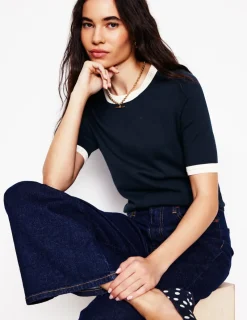 Nightwear & Lougewear | Sweaters & Cardigans-Boden Emilia Cotton Crew T-shirt-Navy, Warm Ivory Navy,WarmIvory