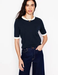 Nightwear & Lougewear | Sweaters & Cardigans-Boden Emilia Cotton Crew T-shirt-Navy, Warm Ivory Navy,WarmIvory