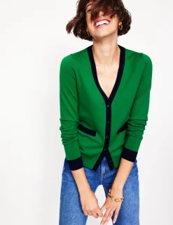 Sweaters & Cardigans-Boden Emilia Cotton V Neck Cardigan-Rich Emerald/Navy RichEmerald/Navy