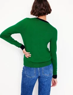 Sweaters & Cardigans-Boden Emilia Cotton V Neck Cardigan-Rich Emerald/Navy RichEmerald/Navy