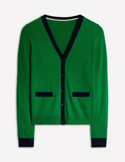 Sweaters & Cardigans-Boden Emilia Cotton V Neck Cardigan-Rich Emerald/Navy RichEmerald/Navy