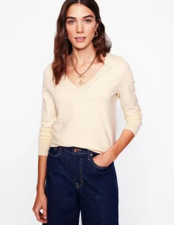 Sweaters & Cardigans-Boden Emilia Cotton V Neck Sweater-Warm Ivory WarmIvory
