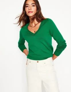 Sweaters & Cardigans-Boden Emilia Cotton V Neck Sweater- GREEN
