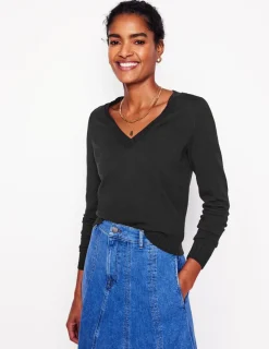 Sweaters & Cardigans-Boden Emilia Cotton V Neck Sweater- Black