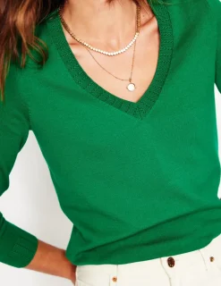 Sweaters & Cardigans-Boden Emilia Cotton V Neck Sweater- GREEN
