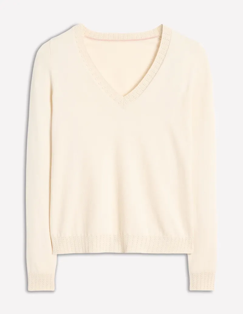 Sweaters & Cardigans-Boden Emilia Cotton V Neck Sweater-Warm Ivory WarmIvory