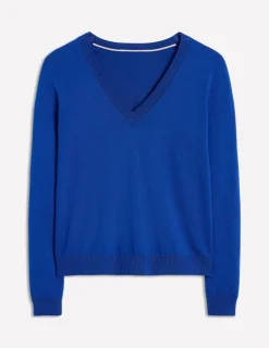 Sweaters & Cardigans-Boden Emilia Cotton V Neck Sweater-Bright Blue BrightBlue