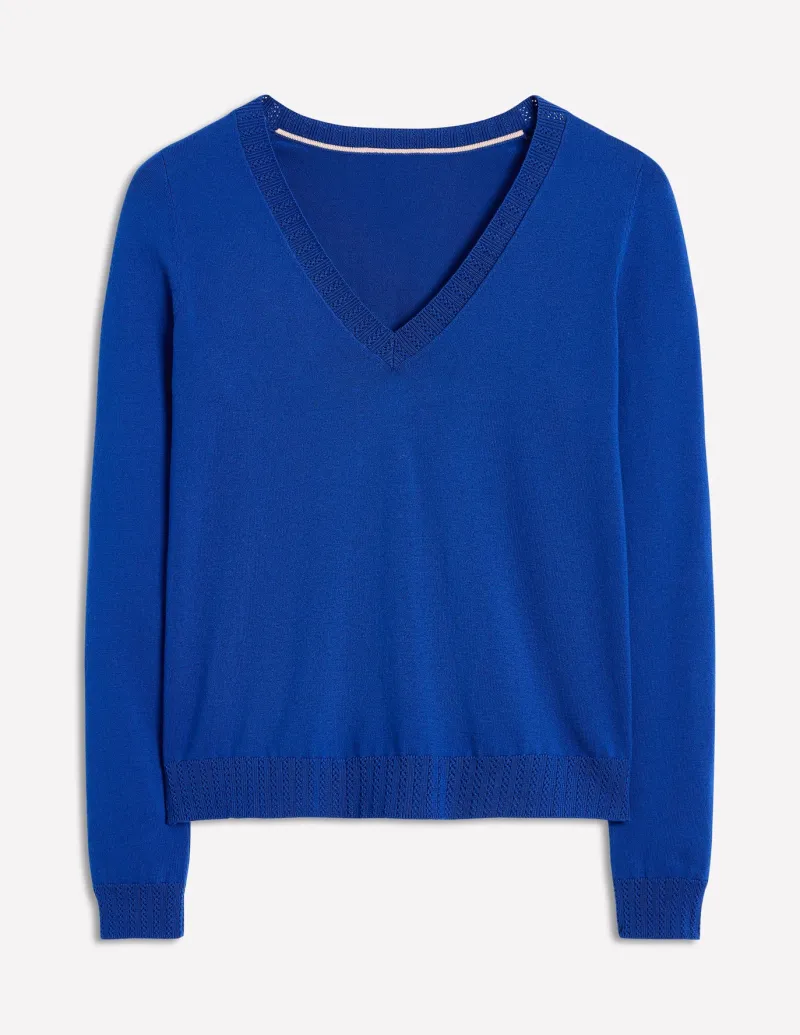 Sweaters & Cardigans-Boden Emilia Cotton V Neck Sweater-Bright Blue BrightBlue