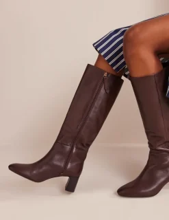 Boots | Heels-Boden Erica Knee High Leather Boots-Chocolate Leather ChocolateLeather