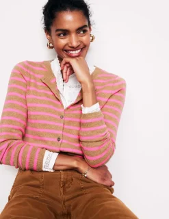 Sweaters & Cardigans-Boden Eva Cashmere Crew Cardigan-Camel Melange/ Fluro Pink CamelMelange/FluroPink