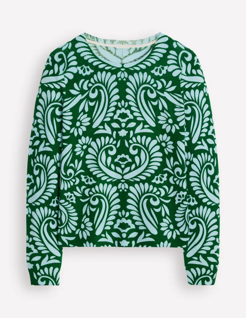 Sweaters & Cardigans-Boden Eva Cashmere Crew Neck Sweater-Pine Green, Decorative Flora PineGreen,DecorativeFlora