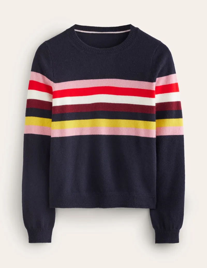 Sweaters & Cardigans-Boden Eva Cashmere Crew Neck Sweater-Navy, Rainbow Navy,Rainbow