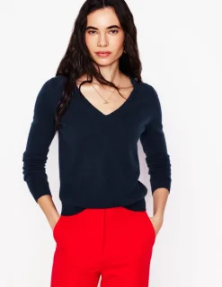 Sweaters & Cardigans-Boden Eva Cashmere V-Neck Sweater- Navy