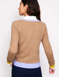 Sweaters & Cardigans-Boden Eva Cashmere V-Neck Sweater-Camel Melange Colour Block CamelMelangeColourBlock