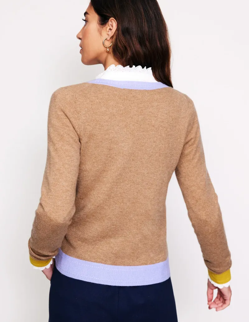 Sweaters & Cardigans-Boden Eva Cashmere V-Neck Sweater-Camel Melange Colour Block CamelMelangeColourBlock