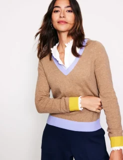 Sweaters & Cardigans-Boden Eva Cashmere V-Neck Sweater-Camel Melange Colour Block CamelMelangeColourBlock
