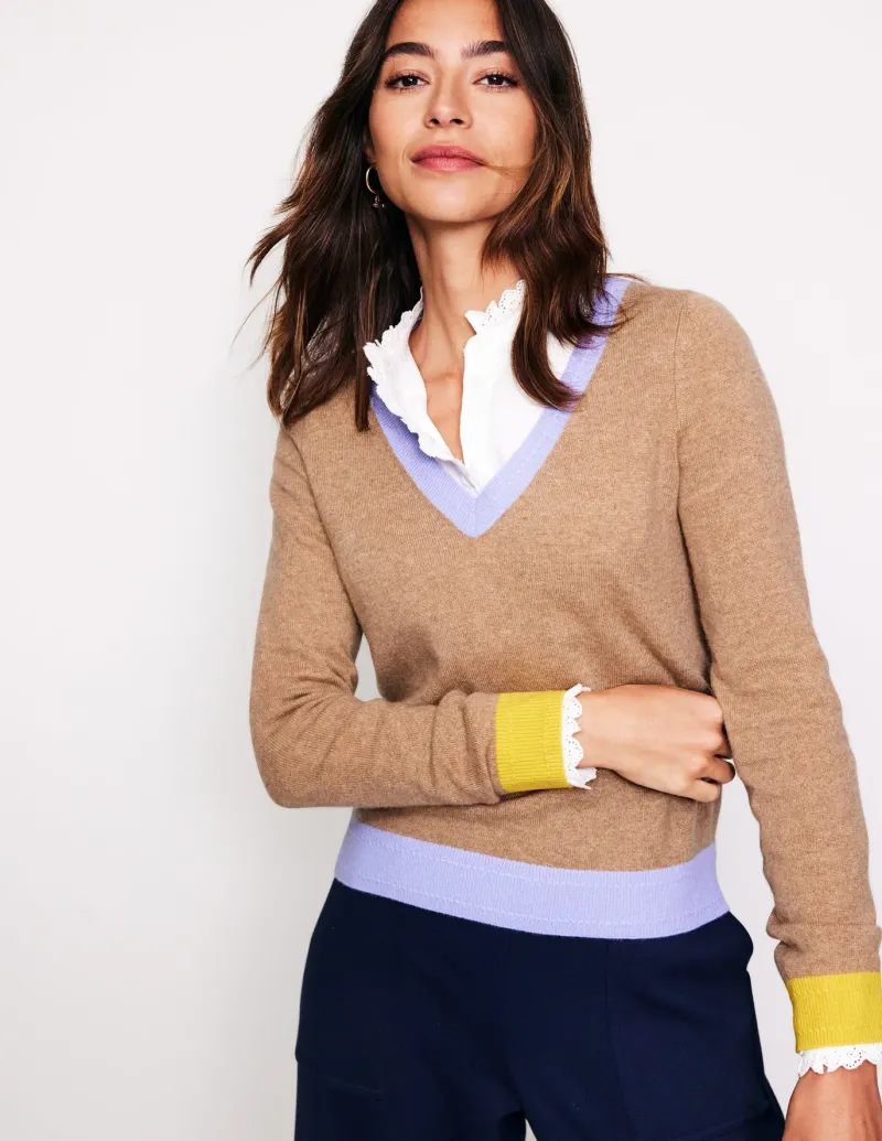 Sweaters & Cardigans-Boden Eva Cashmere V-Neck Sweater-Camel Melange Colour Block CamelMelangeColourBlock