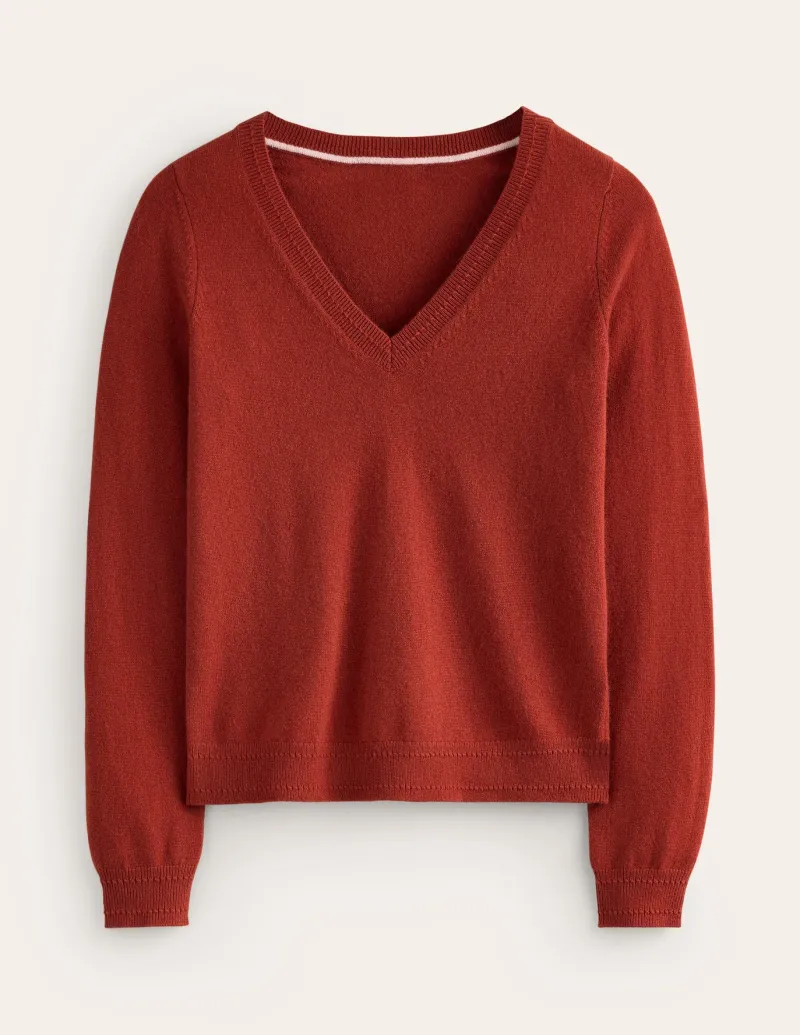 Sweaters & Cardigans-Boden Eva Cashmere V-Neck Sweater-Copper Brown CopperBrown