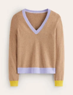 Sweaters & Cardigans-Boden Eva Cashmere V-Neck Sweater-Camel Melange Colour Block CamelMelangeColourBlock