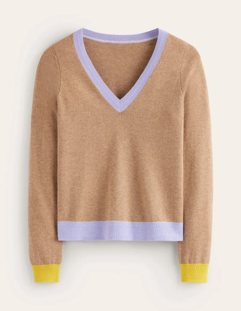 Sweaters & Cardigans-Boden Eva Cashmere V-Neck Sweater-Camel Melange Colour Block CamelMelangeColourBlock