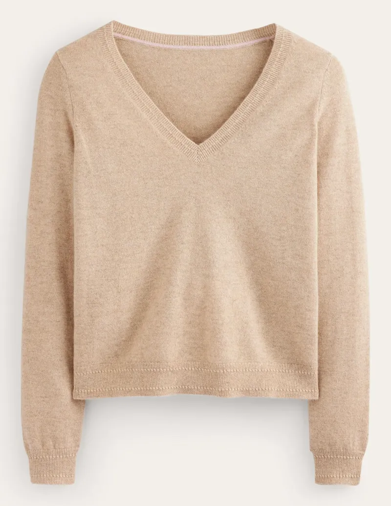 Sweaters & Cardigans-Boden Eva Cashmere V-Neck Sweater-Chinchilla Melange ChinchillaMelange