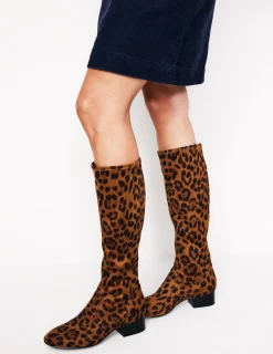 Boots | Heels-Boden Flat Stretch Knee Boots- Leopard