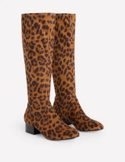 Boots | Heels-Boden Flat Stretch Knee Boots- Leopard
