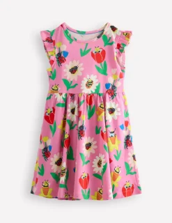 Dresses-Boden Frill Sleeve Jersey Dress-Sugared Lilac Spring Garden SugaredLilacSpringGarden