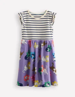 Dresses-Boden Frill Sleeve Jersey Dress-Aster Purple Flower Cat AsterPurpleFlowerCat