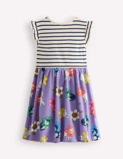 Dresses-Boden Frill Sleeve Jersey Dress-Aster Purple Flower Cat AsterPurpleFlowerCat