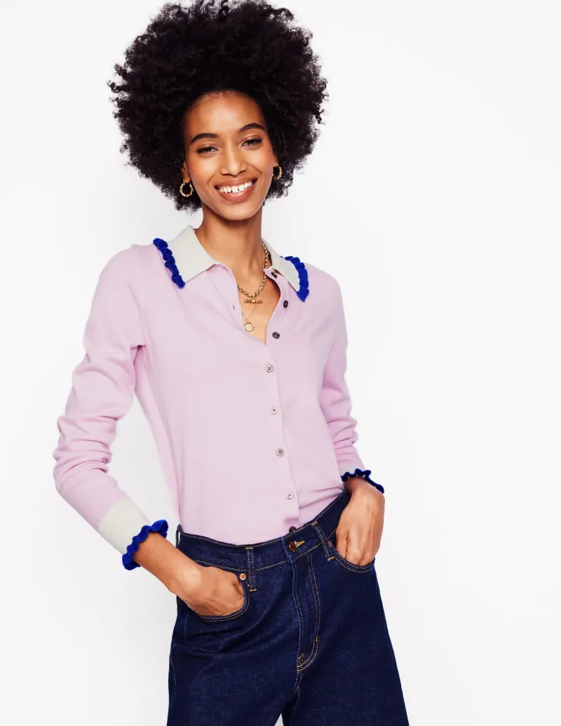 Sweaters & Cardigans-Boden Frilled Cotton Blend Cardigan-Soft Lavender Pink SoftLavenderPink