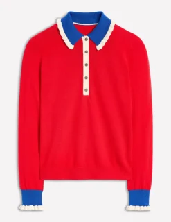 Sweaters & Cardigans-Boden Frilled Cotton Blend Sweater-Poppy Red PoppyRed