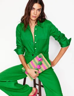 Bags-Boden Fringe Raffia Clutch- Pink/Green