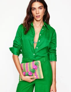 Bags-Boden Fringe Raffia Clutch- Pink/Green