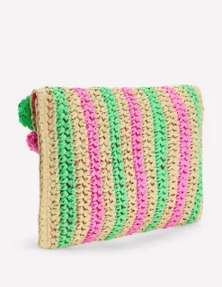 Bags-Boden Fringe Raffia Clutch- Pink/Green