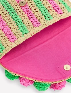 Bags-Boden Fringe Raffia Clutch- Pink/Green