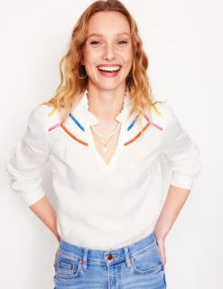 Tops & Blouses-Boden Grace Linen Top-White, Multi Stitch White,MultiStitch