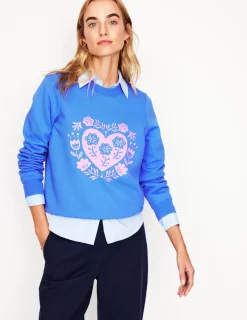 Nightwear & Lougewear | Tops & Blouses-Boden Hannah Embroidered Sweatshirt-Peacock Plume Blue, Hearts PeacockPlumeBlue,Hearts