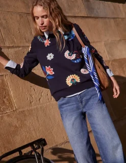 Tops & Blouses | Nightwear & Lougewear-Boden Hannah Embroidered Sweatshirt-Navy, Conversational Navy,Conversational