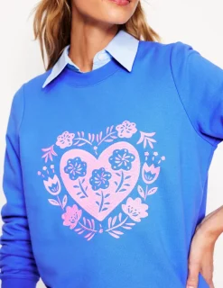 Nightwear & Lougewear | Tops & Blouses-Boden Hannah Embroidered Sweatshirt-Peacock Plume Blue, Hearts PeacockPlumeBlue,Hearts