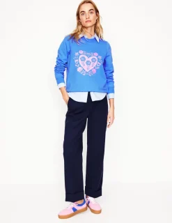 Nightwear & Lougewear | Tops & Blouses-Boden Hannah Embroidered Sweatshirt-Peacock Plume Blue, Hearts PeacockPlumeBlue,Hearts