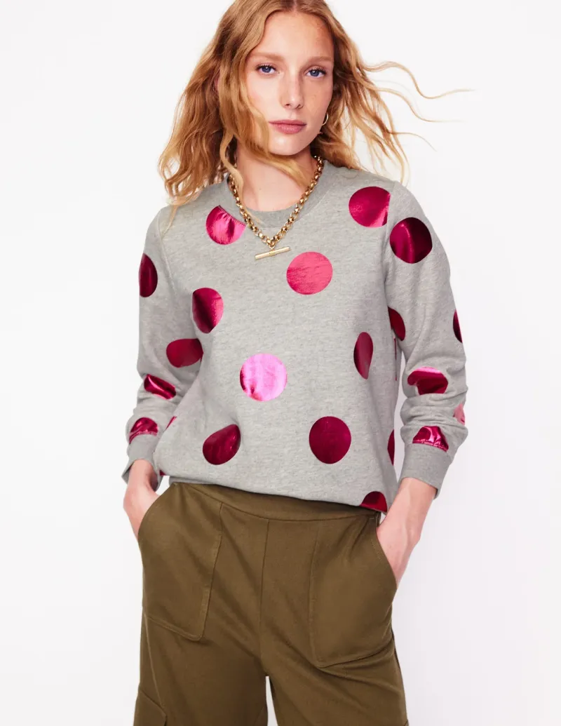 Tops & Blouses | Nightwear & Lougewear-Boden Hannah Printed Sweatshirt-Grey Marl, Pink Spot GreyMarl,PinkSpot