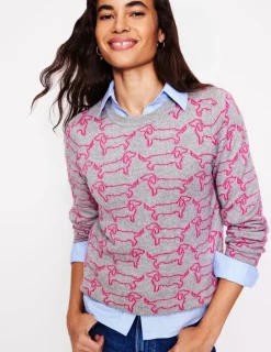 Sweaters & Cardigans-Boden Heather Jacquard Sweater-Grey Marl, Pink Sausage Dog GreyMarl,PinkSausageDog