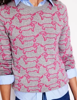 Sweaters & Cardigans-Boden Heather Jacquard Sweater-Grey Marl, Pink Sausage Dog GreyMarl,PinkSausageDog