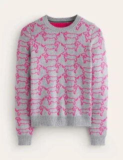 Sweaters & Cardigans-Boden Heather Jacquard Sweater-Grey Marl, Pink Sausage Dog GreyMarl,PinkSausageDog