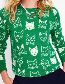 Sweaters & Cardigans-Boden Heather Jacquard Sweater-Rich Emerald Green, Cats RichEmeraldGreen,Cats
